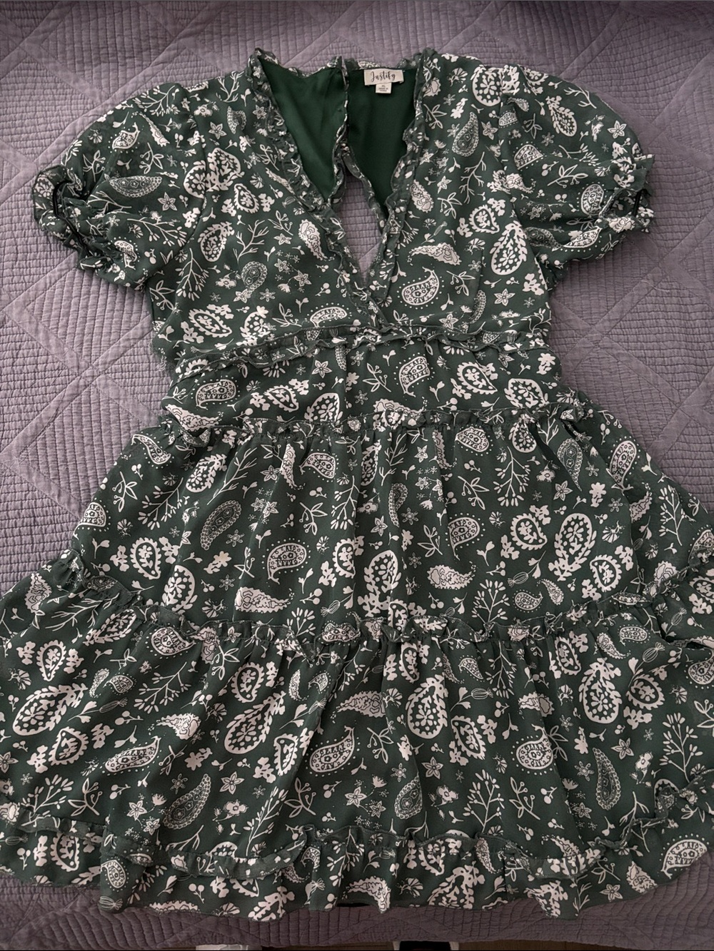 Mini Boden Forest Green Paisley Tiered Ruffle Dress